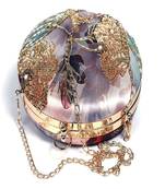 GOLD WITH MULTI COLOR  HAND EMBROIDED BEADED ROUND CLUTCH CUM SLING BAG(size : 8inch L X 8inch W)