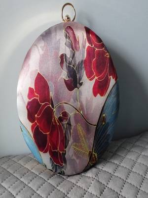 GOLD WITH MULTI COLOR  HAND EMBROIDED BEADED ROUND CLUTCH CUM SLING BAG(size : 8inch L X 8inch W) 3