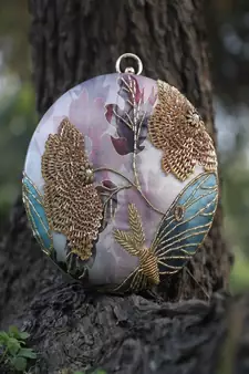 GOLD WITH MULTI COLOR  HAND EMBROIDED BEADED ROUND CLUTCH CUM SLING BAG(size : 8inch L X 8inch W)