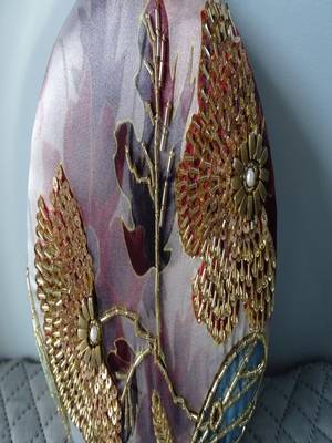 GOLD WITH MULTI COLOR  HAND EMBROIDED BEADED ROUND CLUTCH CUM SLING BAG(size : 8inch L X 8inch W) 5