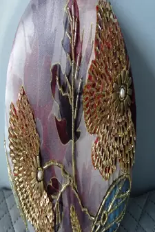 GOLD WITH MULTI COLOR  HAND EMBROIDED BEADED ROUND CLUTCH CUM SLING BAG(size : 8inch L X 8inch W)