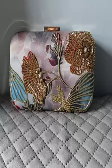 GOLDEN  COLOR HAND EMBROIDED BEADED CLUTCH CUM SLING BAG (size : 9inch L x 6inch W)