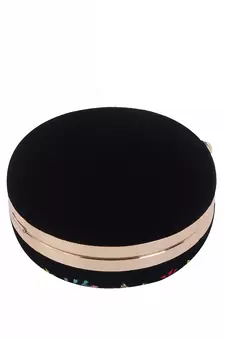 BLACK WITH MULTI COLOR  HAND EMBROIDED BEADED ROUND CLUTCH CUM SLING BAG (8 inch L  X 8inch W)