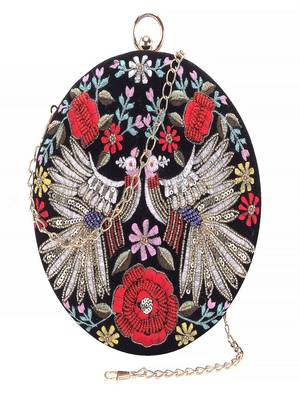 BLACK WITH MULTI COLOR  HAND EMBROIDED BEADED ROUND CLUTCH CUM SLING BAG (8 inch L  X 8inch W) 4