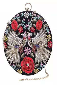 BLACK WITH MULTI COLOR  HAND EMBROIDED BEADED ROUND CLUTCH CUM SLING BAG (8 inch L  X 8inch W)