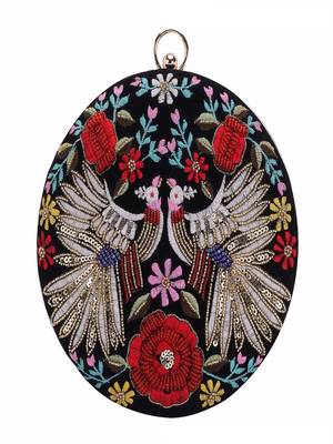 BLACK WITH MULTI COLOR  HAND EMBROIDED BEADED ROUND CLUTCH CUM SLING BAG (8 inch L  X 8inch W) 5