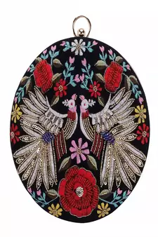 BLACK WITH MULTI COLOR  HAND EMBROIDED BEADED ROUND CLUTCH CUM SLING BAG (8 inch L  X 8inch W)