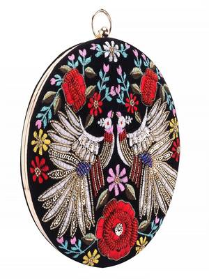 BLACK WITH MULTI COLOR  HAND EMBROIDED BEADED ROUND CLUTCH CUM SLING BAG (8 inch L  X 8inch W) 1
