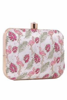 WHITE WITH PINK COLOR HAND EMBROIDED CLUTCH CUM SLING BAG ( 9 inch L X 6 inch W)