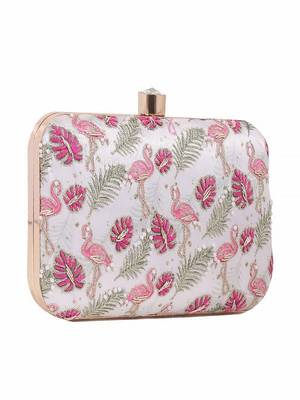 WHITE WITH PINK COLOR HAND EMBROIDED CLUTCH CUM SLING BAG ( 9 inch L X 6 inch W) 2