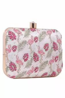 WHITE WITH PINK COLOR HAND EMBROIDED CLUTCH CUM SLING BAG ( 9 inch L X 6 inch W)