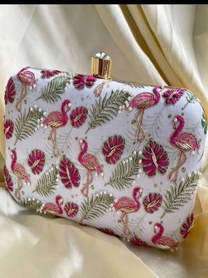 WHITE WITH PINK COLOR HAND EMBROIDED CLUTCH CUM SLING BAG ( 9 inch L X 6 inch W) 5