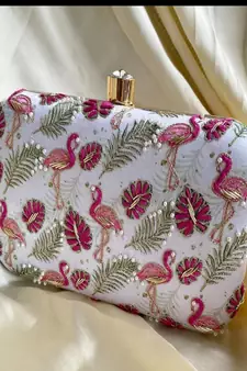 WHITE WITH PINK COLOR HAND EMBROIDED CLUTCH CUM SLING BAG ( 9 inch L X 6 inch W)