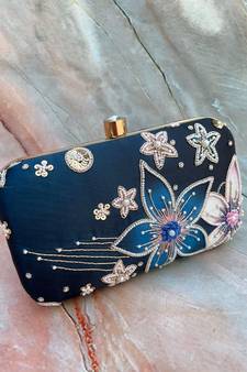 BLUE COLOR HAND EMBROIDED BEADED CLUTCH CUM SLING BAG (9inch L X 7 inch W)