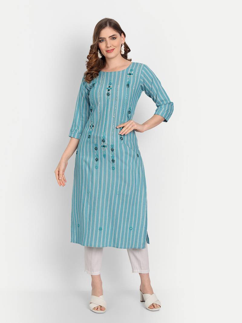 4u Fashion Sky blue striped cotton straight kurta SIYANIC 4026816