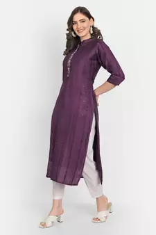 4u Fashion Wine crochet chanderi straight kurta with zardozi work & cotton inner
