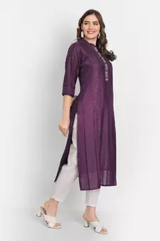4u Fashion Wine crochet chanderi straight kurta with zardozi work & cotton inner