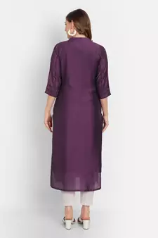 4u Fashion Wine crochet chanderi straight kurta with zardozi work & cotton inner