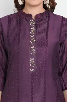 4u Fashion Wine crochet chanderi straight kurta with zardozi work & cotton inner