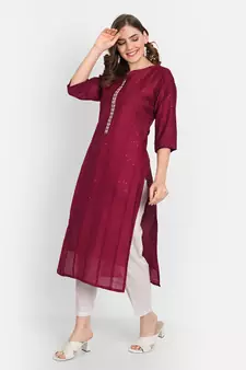 4u Fashion Marron crochet chanderi straight kurta with zardozi work & cotton inner