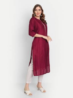 4u Fashion Marron crochet chanderi straight kurta with zardozi work & cotton inner 3