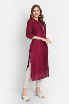 4u Fashion Marron crochet chanderi straight kurta with zardozi work & cotton inner