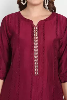 4u Fashion Marron crochet chanderi straight kurta with zardozi work & cotton inner