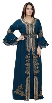 Navy blue Bell Sleeves Moroccan Kaftan   With Sun Proof Hijab 1