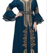 Navy blue luxurious Bell Sleeves Moroccan Kaftan   With Sun Proof Hijab.