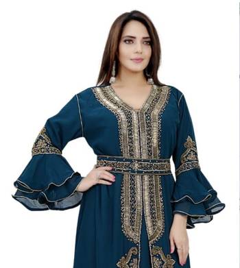 Navy blue Bell Sleeves Moroccan Kaftan   With Sun Proof Hijab 2