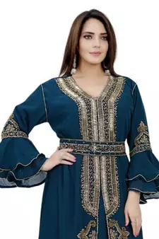 Navy blue Bell Sleeves Moroccan Kaftan   With Sun Proof Hijab