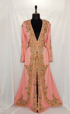 Peach Moroccan Kaftan Gown with Zari and Sequin Work  1