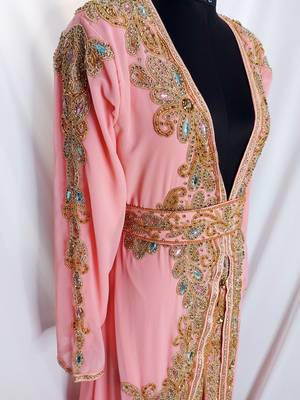 Peach Moroccan Kaftan Gown with Zari and Sequin Work  2