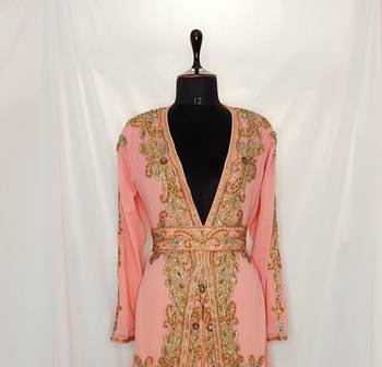 Peach Moroccan Kaftan Gown with Zari and Sequin Work  3