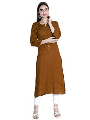 Hand Embroidered Lucknowi Chikankari Muqaish Embellished Brown Rayon Kurta  Women  1