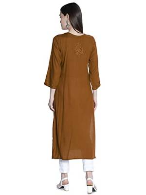 Hand Embroidered Lucknowi Chikankari Muqaish Embellished Brown Rayon Kurta  Women  2