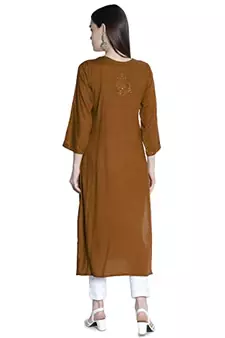 Hand Embroidered Lucknowi Chikankari Muqaish Embellished Brown Rayon Kurta  Women 