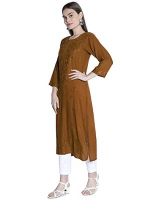 Hand Embroidered Lucknowi Chikankari Muqaish Embellished Brown Rayon Kurta  Women  3