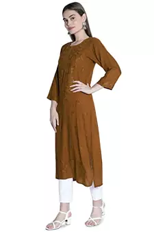 Hand Embroidered Lucknowi Chikankari Muqaish Embellished Brown Rayon Kurta  Women 