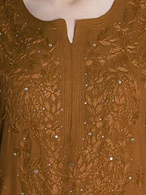 Hand Embroidered Lucknowi Chikankari Muqaish Embellished Brown Rayon Kurta  Women  4