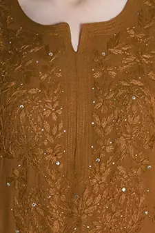 Hand Embroidered Lucknowi Chikankari Muqaish Embellished Brown Rayon Kurta  Women 