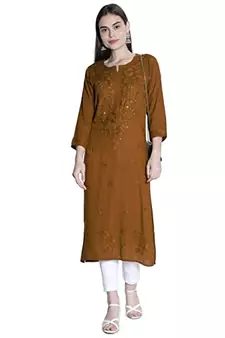 Hand Embroidered Lucknowi Chikankari Muqaish Embellished Brown Rayon Kurta  Women 