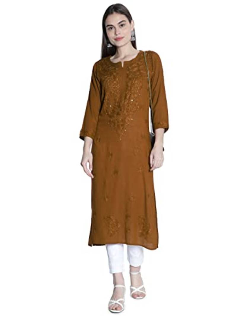 Hand Embroidered Lucknowi Chikankari Muqaish Embellished Brown Rayon Kurta  Women 