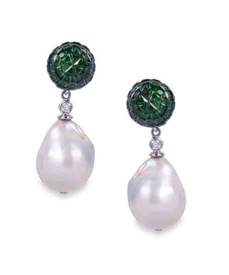 Green Emerald Top In Invisible Setting With Baroque Pearl Drop 2