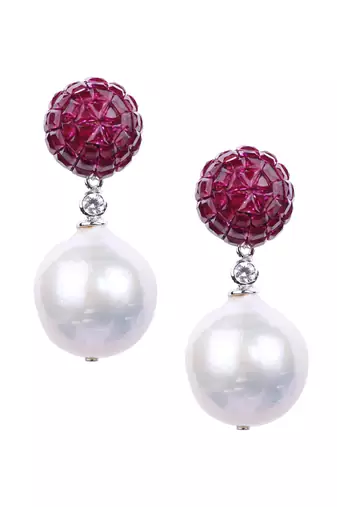 Red Ruby Top In Invisible Setting With Baroque Pearl Drop