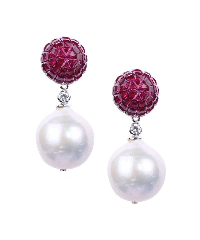 Red Ruby Top In Invisible Setting With Baroque Pearl Drop