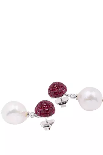 Red Ruby Top In Invisible Setting With Baroque Pearl Drop