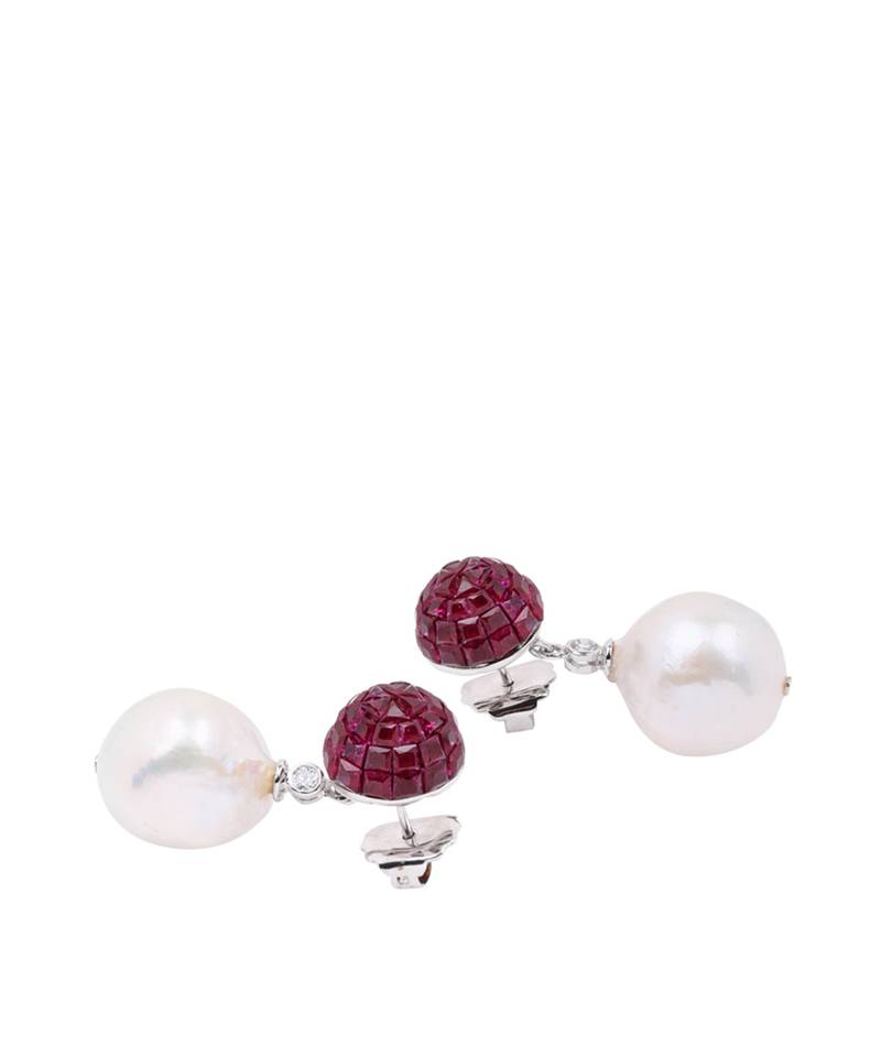 Red Ruby Top In Invisible Setting With Baroque Pearl Drop