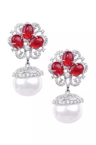 Red Ruby Cluster Top With Cultured Pearl Drop