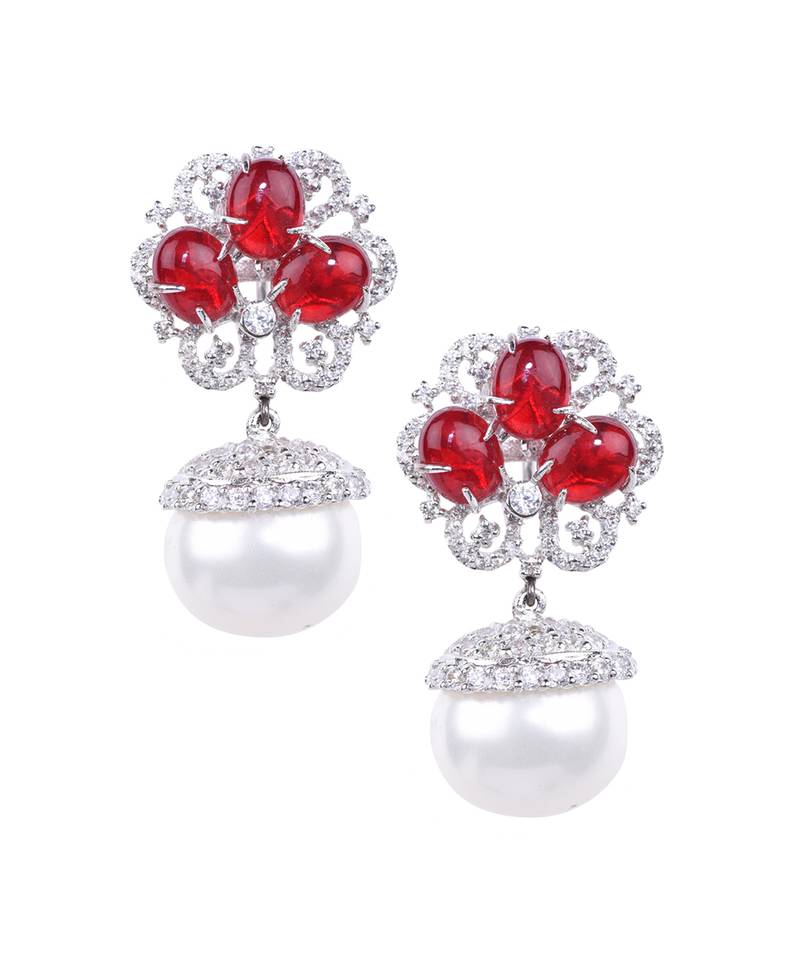 Red Ruby Cluster Top With Cultured Pearl Drop